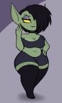  3:5 breasts cleavage clothed clothing cute_fangs female fishnet fishnet_legwear goblin goth hair hair_over_eye hand_on_hip hi_res humanoid humanoid_pointy_ears kierus legwear makeup not_furry one_eye_obstructed simple_background smile smirk solo stockings wide_hips 