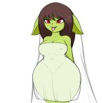  blush breasts clothing dress female goblin hands_behind_back hi_res humanoid humanoid_pointy_ears kierus nipple_outline not_furry red_eyes solo thick_thighs tongue tongue_out translucent translucent_clothing wedding_dress wide_hips 