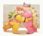 2021 anthro aotoaka bodily_fluids bowser duo hi_res humanoid_hands kemono koopa male mammal mario_and_luigi_(series) mario_bros midbus nintendo overweight overweight_male pink_body scalie simple_background suid suina sumo sus_(pig) sweat video_games wild_boar wrestling 