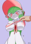  2021 areola big_breasts blush bonnet breasts clothed clothing clothing_lift digital_media_(artwork) disembodied_hand fashionable_style_gardevoir female gardevoir green_hair hair hat headgear headwear hi_res humanoid mammal nintendo nipples not_furry open_mouth pok&eacute;mon pok&eacute;mon_(species) red_eyes simple_background teramegagiga topwear video_games white_body 
