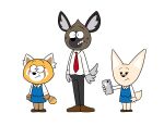  2021 aggressive_retsuko ailurid anthro arm_by_side arms_by_side black_zork canid canine cellphone clothed clothing dress_shirt extended_arm female fennec fenneko fox fully_clothed group haida hi_res holding_object holding_phone hyaenid jellystone_(hbo_max) larger_male legs_together male mammal necktie phone red_panda retsuko sanrio shirt simple_background size_difference smaller_female spotted_hyena standing straight_arm straight_arms straight_legs style_parody topwear trio white_background white_clothing white_shirt white_topwear 