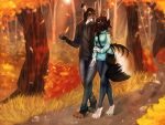  2021 4:3 4_toes 5_fingers anthro breasts brown_hair canid canine clothed clothing day detailed_background digital_media_(artwork) ear_piercing ear_ring feet female fingers forest fox grass hair kristiana_puff mammal outside piercing plant smile toes tree 
