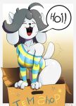  2016 anthro anthrofied big_breasts black_hair border bottomless breasts canid canine claws clothed clothing dialogue digital_media_(artwork) don_ko eyes_closed felid feline female fur gradient_background hair mammal nipple_outline open_mouth outside_border simple_background smile solo speech_bubble tailwag tem temmie_(undertale) text undertale video_games white_body white_fur 