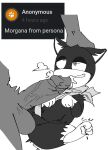  anthro atlus balls black_and_white black_body black_fur bodily_fluids clothing cum cum_in_mouth cum_inside domestic_cat duo ejaculation english_text erection felid feline felis fur genital_fluids genitals male male/male mammal megami_tensei megami_tensei_persona monochrome morgana_(persona) nude oral pb-art pbbaybee penetration penis sex simple_background text unknown_character video_games 