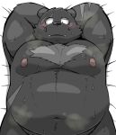  2021 anthro bed belly big_belly black_body black_fur black_nose blush cute_fangs fur furniture gayousi7 hi_res kemono lying male mammal moobs nipples overweight overweight_male scar solo ursid 