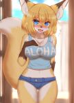  2021 5_fingers anthro big_breasts blonde_hair blue_eyes blurred_background blush bodily_fluids bottomwear breasts brown_body brown_fur brown_nose canid canine cheek_tuft clothed clothing cute_fangs cutoffs denim denim_clothing dipstick_tail eyebrow_through_hair eyebrows facial_tuft female fingers fluffy flying_sweatdrops fox fur glistening glistening_hair gloves_(marking) hair hi_res horokusa0519 inner_ear_fluff kemono looking_at_viewer mammal markings multicolored_body multicolored_fur multicolored_tail navel open_mouth portrait shirt short_hair shorts solo sweat sweatdrop tank_top text text_on_clothing text_on_shirt text_on_tank_top text_on_topwear three-quarter_portrait tight_clothing tongue topwear translated_description translucent translucent_hair tuft white_body white_fur yellow_body yellow_fur 
