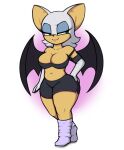  anthro armwear bat_wings big_breasts bottomwear breasts chiropteran cleavage clothed clothing elbow_gloves female gloves handwear hi_res kierus looking_aside mammal membrane_(anatomy) membranous_wings rouge_the_bat sega shorts simple_background smile smirk solo sonic_the_hedgehog_(series) wings 