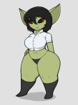  black_sclera clothed clothing cute_fangs dress_shirt female footwear frown goblin hand_on_hip hi_res humanoid humanoid_pointy_ears kierus not_furry panties partially_clothed red_eyes shirt short_stack socks solo thick_thighs topwear underwear 