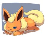  2020 ambiguous_gender blue_eyes blush eeveelution feral flareon fluffy fluffy_tail long_ears nintendo one_eye_closed orange_body paws pok&eacute;mon pok&eacute;mon_(species) solo sploot tatu_wani_(artist) tuft video_games 