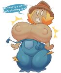  2019 acstlu animate_inanimate big_breasts blonde_hair breast_expansion breasts clothing coveralls dialogue digital_media_(artwork) english_text expansion eyelashes female freckles hair hat headgear headwear hi_res huge_breasts humanoid living_scarecrow nipples not_furry scarecrow scarecrow_girl_(acstlu) simple_background solo speech_bubble text thick_thighs wardrobe_malfunction white_background wide_hips 
