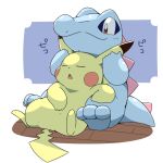  2020 3_toes ambiguous_gender blue_body duo eyes_closed feet fur hi_res nintendo open_mouth pikachu pok&eacute;mon pok&eacute;mon_(species) scalie semi-anthro sitting sleeping smile tatu_wani_(artist) toes totodile video_games yellow_body yellow_fur 