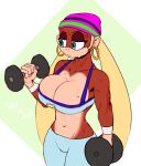  2021 5_fingers abs anthro baxer-mx big_breasts blonde_hair blue_eyes bodily_fluids breasts brown_body brown_fur cleavage clothed clothing cross-popping_vein curvaceous curvy_figure donkey_kong_(series) dumbbell ear_piercing exercise eyelashes female fingers fur green_background hair half-closed_eyes haplorhine hat headgear headwear hi_res hourglass_figure huge_breasts kong long_hair looking_down mammal monkey multicolored_body multicolored_fur muscular muscular_anthro muscular_female narrowed_eyes nintendo piercing primate simple_background solo standing sweat tan_body tan_fur thick_thighs tiny_kong venjiiart video_games voluptuous weightlifting weights white_background wide_hips workout 