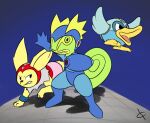  capcom clothing costume doublepopsicle ducklett eeveelution fan_character feathered_wings feathers flying jetta_the_jolteon jolteon kecleon lee_the_kec mega_man_(character) mega_man_(series) nintendo open_mouth pok&eacute;mon pok&eacute;mon_(species) video_games wings 