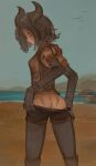  armwear black_hair breasts butt butt_cleavage clothing demon demon_humanoid elbow_gloves female forehead_mark gloves hair handwear horn humanoid humanoid_pointy_ears looking_back markings not_furry orange_eyes rear_view seaside small_breasts solo standing syvaron topwear undressing vest 