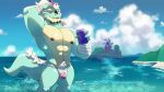  16:9 2021 abs absurd_res anthro arm_wraps asian_clothing asian_mythology beverage beverage_can body_hair bulge clothing cloud day detailed_background dragon east_asian_clothing east_asian_mythology eastern_dragon fundoshi hair happy_trail hi_res holding_can holding_object horn japanese_clothing kiba24 looking_at_viewer male misaki_(pkdreemurr) muscular muscular_anthro muscular_male mythology navel nipples obliques outside partially_submerged pecs pubes scalie sky smile solo standing underwear water widescreen wraps 