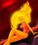  2017 adventure_time bedroom_eyes big_breasts breasts cartoon_network cleavage clothed clothing curvy_figure detailed_background digital_media_(artwork) dot_eyes elemental_creature elemental_humanoid female fingers fire fire_creature flame_princess flaming_hair hi_res humanoid lava looking_at_viewer narrowed_eyes not_furry one-piece_swimsuit orange_body orange_skin outside pseudo_hair sandwich-anomaly seductive sitting smile solo swimwear thick_thighs voluptuous 
