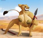  angry anthro anthrofied areola big_areola big_breasts big_nipples blue_eyes breasts broken_weapon cleft_of_venus disney el-loko felid female genitals hi_res huge_breasts lion mammal melee_weapon nala nipples nude pantherine peach_pussy polearm pussy solo space spear teeth_bared the_lion_king weapon yellow_sclera 