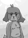  animal_crossing anthro belly canid canine canis digby_(animal_crossing) domestic_dog floppy_ears freckles furgonomics holidaydipstick male mammal monochrome moobs navel nintendo nipples nude outside overweight palm_tree plant slightly_chubby solo standing sun tree video_games 