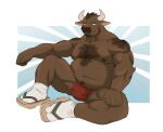  2021 anthro arkross1999 belly bovid bovine brown_body brown_fur cattle clothing footwear fur humanoid_hands kemono male mammal moobs nipples overweight overweight_male sandals sitting solo underwear 