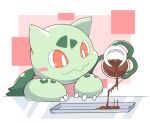  2020 ambiguous_gender blush bulbasaur candy chocolate claws dessert elemental_creature flora_fauna food green_body holding_object nintendo orange_eyes plant pok&eacute;mon pok&eacute;mon_(species) smile solo tatu_wani_(artist) video_games 