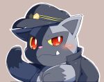  2021 ambiguous_gender blush clothing coat fur grey_body grey_fur hat headgear headwear hi_res looking_at_viewer nintendo paws pok&eacute;mon pok&eacute;mon_(species) poochyena red_eyes simple_background smile solo tatu_wani_(artist) topwear video_games 