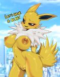  absurd_res anthro ashraely big_breasts blush bodily_fluids breasts canid canine cleft_of_venus curvy_figure digital_media_(artwork) eeveelution female fur genitals glistening glistening_body hi_res jolteon looking_at_viewer mammal nintendo nipples nude open_mouth peach_pussy pok&eacute;mon pok&eacute;mon_(species) pussy simple_background smile solo thick_thighs video_games voluptuous white_body white_fur wide_hips yellow_body yellow_fur 