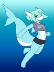  2021 3:4 anthro barefoot blue_background blue_body blue_hair blue_theme bottomwear clothing feet female fish gradient_background hair halcy0n hi_res looking_at_viewer marine navel shark sharp_teeth short_hair shorts simple_background smile solo teeth young 