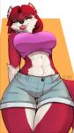  2021 9:16 abs anthro big_breasts bottomwear breasts canid canine clothing countershading female fox fur hair hi_res kiit0s low-angle_view mammal navel one_eye_closed red_body red_eyes red_fur red_hair regys_(carp) short_hair shorts solo tongue tongue_out white_body white_countershading 