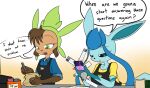  2017 anthro apron big_breasts blue_body blue_fur blue_hair breasts brown_body brown_fur brown_hair chespin clothing dialogue digital_media_(artwork) duo eeveelution english_text eyelashes female fingers fur galia_(sandwich-anomaly) glaceon green_eyes hair leina_(sandwich-anomaly) mammal multicolored_body multicolored_fur nintendo phone pok&eacute;mon pok&eacute;mon_(species) sandwich-anomaly simple_background standing tan_body tan_fur teal_eyes teal_sclera teeth text video_games work_uniform 