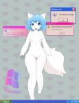  &lt;3 anthro big_breasts blue_eyes blue_hair blush breasts canid canine canis cleft_of_venus cute_fangs english_text female fur hair hi_res inverted_nipples looking_at_viewer mammal microsoft microsoft_windows mochagato nipples nude smile solo standing text white_body white_fur windows_xp wolf wolfychu youtuber 