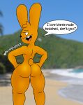  2021 anthro beach bedroom_eyes blurred_background butt dialogue digital_media_(artwork) english_text fur lagomorph leporid looking_at_viewer looking_back lyosha_vilyovich male mammal murontis2001 narrowed_eyes nude nude_beach open_mouth outside photo_background rabbit sand seaside seductive smile solo tagme teeth text thick_thighs tongue watermark 