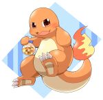  2021 3_toes amber_eyes ambiguous_gender blush charmander claws feet fire flaming_tail hand_on_cheek hi_res holding_object nintendo open_mouth orange_body pok&eacute;mon pok&eacute;mon_(species) simple_background slightly_chubby solo tatu_wani_(artist) toe_claws toes video_games 