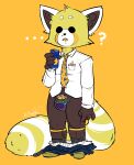  aggressive_retsuko ailurid anthro barely_visible_genitalia beverage bulge clothed clothing confusion fur genitals hi_res male mammal milkomeda-galaxy_(artist) pants_down partially_clothed penis red_body red_fur resasuke sanrio shirt solo stripes topwear yellow_body yellow_fur 