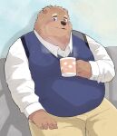  2021 anthro belly black_nose bottomwear brown_body brown_fur clothing cup en_1_9 fur humanoid_hands kemono male mammal overweight overweight_male pants shirt sitting solo topwear ursid 