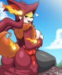  absurd_res anthro big_breasts big_butt breasts butt delphox female fire hi_res jhenightfox looking_at_viewer looking_back looking_back_at_viewer nintendo pok&eacute;mon pok&eacute;mon_(species) sitting solo thick_thighs video_games 