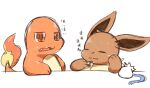  2021 ambiguous_gender being_watched brown_body brown_fur charmander duo eevee fire fur hi_res japanese_text looking_at_another nintendo open_mouth orange_body pok&eacute;mon pok&eacute;mon_(species) simple_background smile tatu_wani_(artist) text video_games 