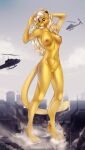  2020 aircraft anthro areola bell_uh1 breasts day detailed_background digital_media_(artwork) domestic_cat ear_piercing ear_ring felid feline felis female genitals hair helicopter hi_res kristiana_puff mammal nipples nude outside piercing pussy sky smile solo 
