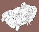  anthro armor bandai_namco beelzemon biker brown_background clothed clothing demon digimon digimon_(species) furniture gauntlets gloves handwear hi_res humanoid looking_at_viewer lounging male mask pepper0toni simple_background sitting sofa solo 