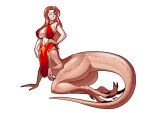  4:3 big_breasts blazbaros blue_eyes bottomless breasts brown_body brown_scales claws clothed clothing dinosaur dinosaur_taur dromaeosaurid female hair hand_on_hip hi_res huge_breasts humanoid lounging orange_hair partially_clothed reptile reptile_taur scales scalie scalie_taur simple_background solo taur theropod white_background 