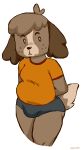  animal_crossing anthro belly black_nose briefs brown_body bulge canid canine canis clothing digby_(animal_crossing) domestic_dog floppy_ears freckles furgonomics hands_behind_back hi_res holidaydipstick looking_aside male mammal nintendo overweight shirt slightly_chubby solo standing t-shirt thick_thighs topwear underwear video_games 