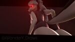  16:9 3d_(artwork) anthro big_tail butt canid canine canis demon digital_media_(artwork) fangs female fur glowing glowing_eyes grin hair helluva_boss hi_res humanoid iwondery long_hair loona_(vivzmind) mammal muscular muscular_female red_sclera smile solo source_filmmaker teeth white_body white_eyes white_fur widescreen wolf 