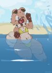  anthro beach bikini bikini_bottom bikini_top brown_body bulge canid canine canis clothed clothing crossdressing cute_fangs domestic_dog girly hi_res holidaydipstick male mammal navel nintendo open_mouth partially_clothed pok&eacute;mon pok&eacute;mon_(species) rockruff sea seaside skimpy solo splash swimming swimwear thick_thighs video_games water wide_hips 