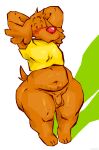  2021 absurd_res anthro balls big_butt blush bottomless brown_body brown_fur butt canid canine canis chocapic clothed clothing crop_top digital_media_(artwork) domestic_dog flaccid foreskin fur genitals hands_behind_head hi_res holidaydipstick humanoid_genitalia humanoid_penis looking_at_viewer male mammal nestle obese open_mouth overweight partially_clothed penis pico_(chocapic) red_nose shaded shirt solo standing stretch_marks t-shirt thick_thighs topwear uncut 