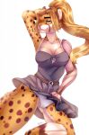  2019 anthro black_spots blonde_hair blue_eyes breasts camel_toe cheetah clothed clothing countershading cybernetic_arm cybernetic_limb digital_media_(artwork) dress eyebrows eyelashes felid feline female hair hand_behind_head hand_on_hip hi_res kristiana_puff looking_at_viewer mammal panties ponytail scar simple_background smile solo spots sydea underwear upskirt white_background 
