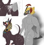  all_fours anal anal_penetration anthro anubian_jackal anubis_(smite) avian bareback bent_over bird blush bodily_fluids brown_body brown_fur butt butt_grab canid canine canis clothing cum deity duo egyptian_clothing egyptian_mythology erection fur genital_fluids hand_on_butt hi_res horus_(smite) jackal male male/male mammal middle_eastern_mythology motion_lines mythology penetration questionable_consent rorrek simple_background smite sweat white_background 