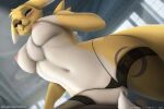  2021 3:2 anthro bandai_namco bedroom_eyes blue_eyes blush breasts camel_toe chest_tuft clothed clothing conditional_dnp curvaceous curvy_figure digimon digimon_(species) dipstick_tail english_text female fluffx hand_on_breast leggings legwear legwear_only looking_at_viewer looking_down low-angle_view markings mostly_nude multicolored_tail narrowed_eyes nipples panties patreon renamon seductive skimpy smile solo stockings stockings_only text topless tuft underwear url voluptuous 