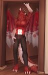 2020 4_toes 5_fingers anthro canid canine clothed clothing digital_media_(artwork) dragon feet fingers fur furred_dragon hi_res horn hybrid kristiana_puff male mammal membrane_(anatomy) membranous_wings red_body red_fur shirtless smile solo standing toes wings 