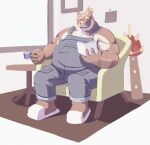  2021 anthro arkross1999 belly book brown_body chair clothing cup furniture hi_res kemono male mammal overalls overweight overweight_male reading scar sitting solo suid suina sus_(pig) wild_boar 