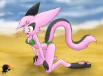  2017 5_fingers anthro beach big_ears bikini bikini_bottom bikini_top black_body black_fur breasts butt cleavage clothed clothing detailed_background dialogue digital_media_(artwork) domestic_cat dreamkeepers english_text eyelashes feet felid feline felis female fingers fur green_clothing hair kneeling long_tail mammal multicolored_body multicolored_fur open_mouth orange_eyes pawpads pink_body pink_fur pink_hair sandwich-anomaly sea seaside smile solo swimwear text toes tongue viriathus water 