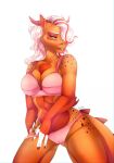  2019 anthro bra breasts clothed clothing clothing_pull digital_media_(artwork) dragon female hair hi_res horn kristiana_puff non-mammal_breasts panties panty_pull smile solo underwear underwear_pull white_hair wingless_dragon 